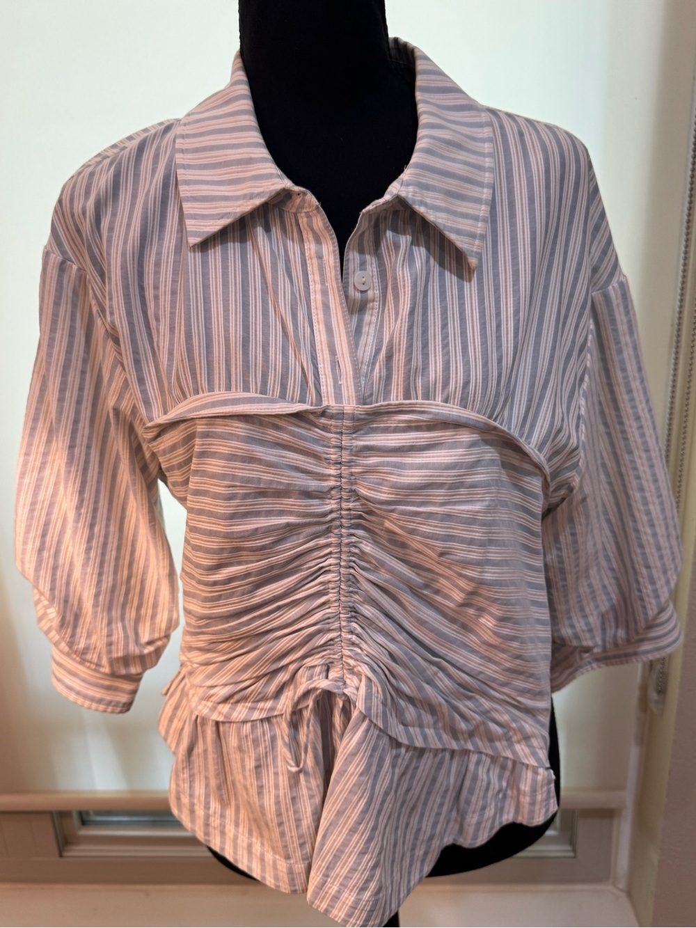 Jonathan Simkhai Pink and White Striped Ruched Button-Down Top